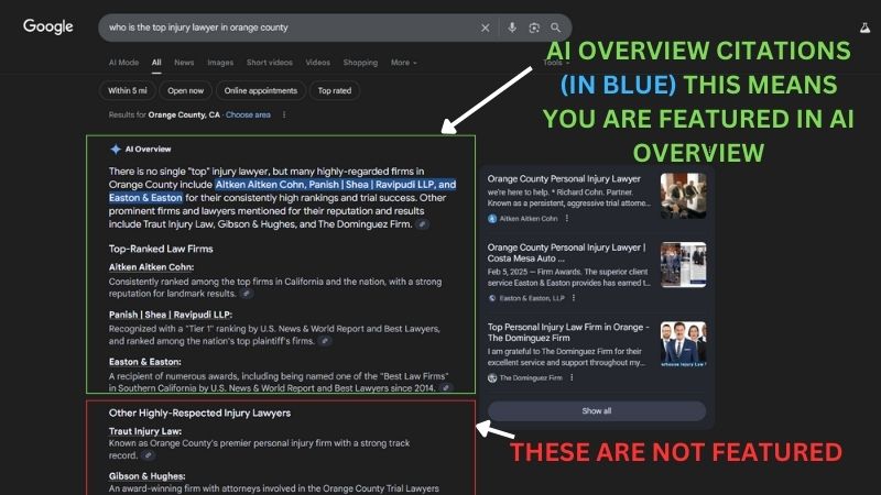 Comparison of a site not shown in AI Overview versus one featured.