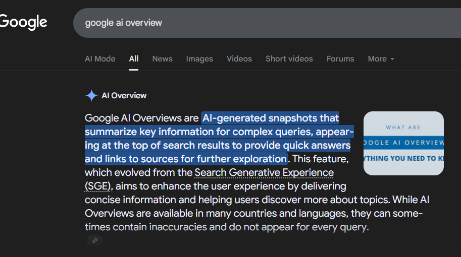Example of how a small business website can appear in Google’s AI Overview results