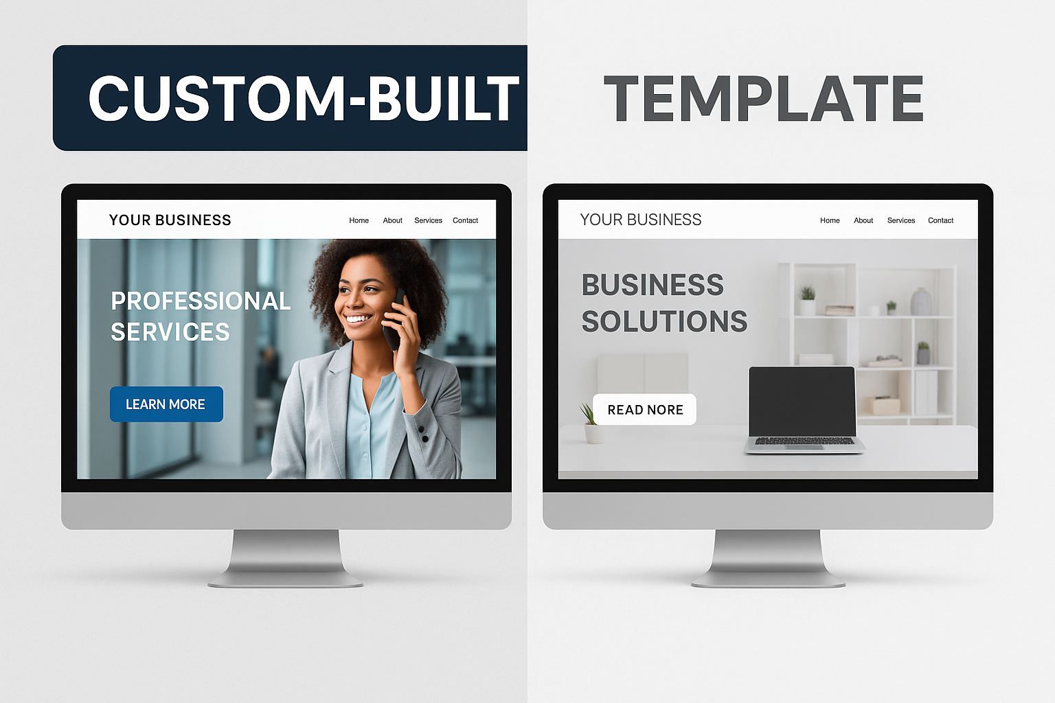 Side-by-side comparison of a custom-built website and a template-based website