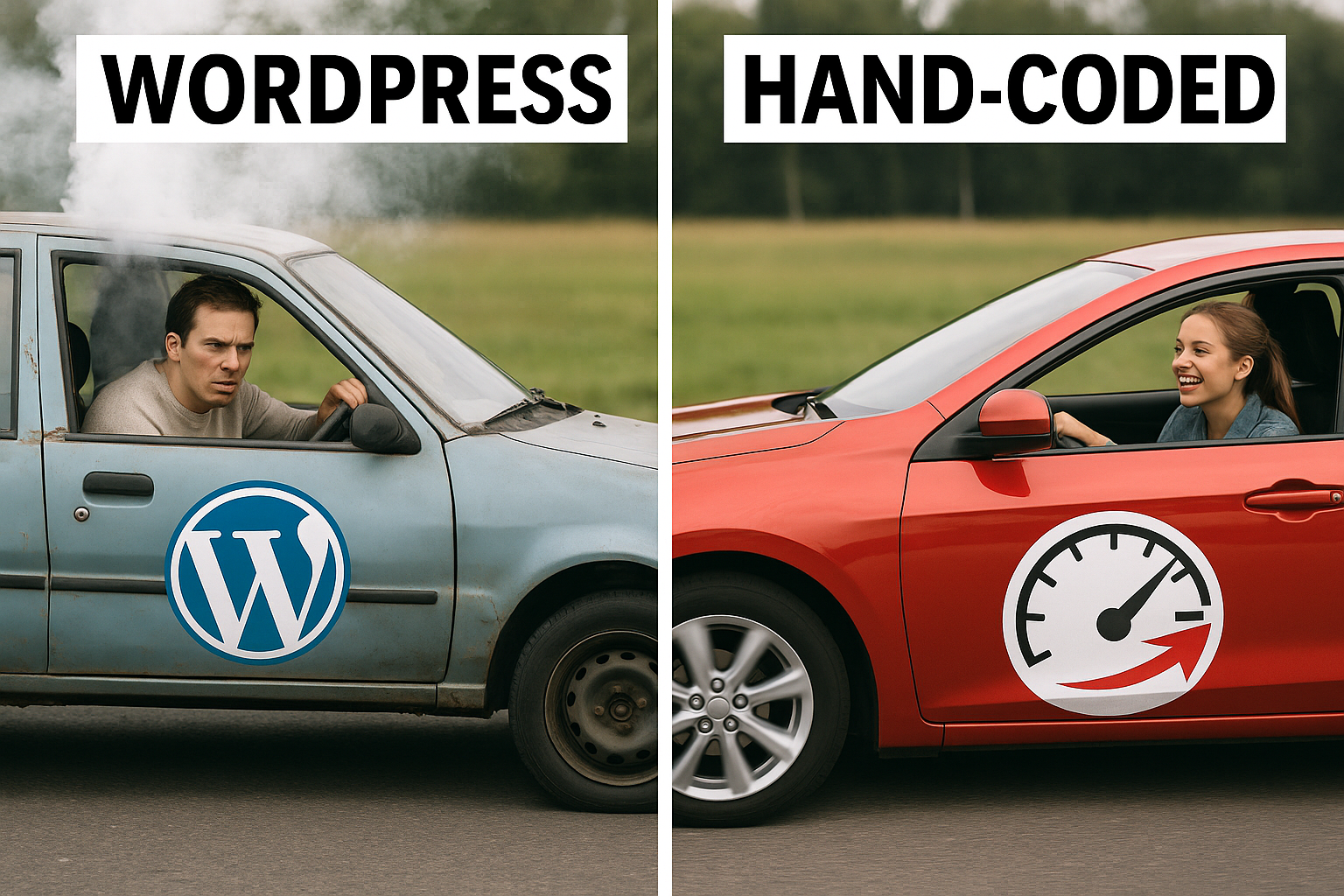 A funny hyper realistic race scene. On the left, a broken-down rusty car labeled “WordPress Plugins” with smoke coming out and a frustrated driver. On the right, a sleek sports car labeled “Hand-Coded Website” racing ahead with a happy small business owner driving.