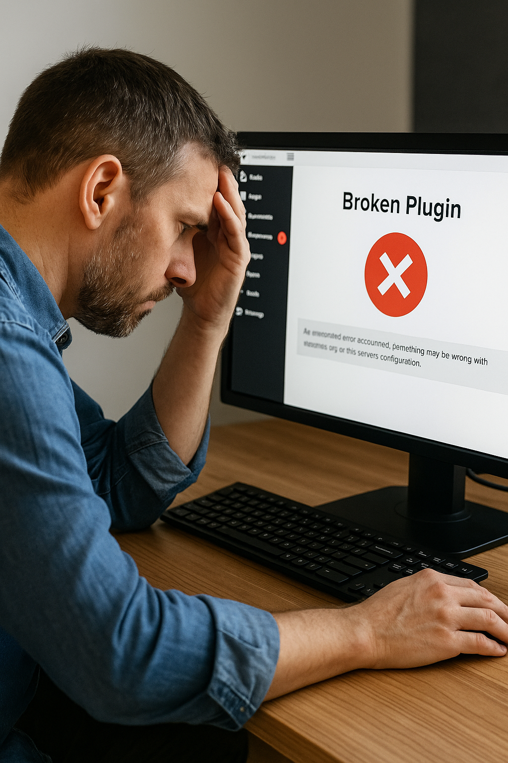 Frustrated business owner looking at broken WordPress plugin dashboard on a computer