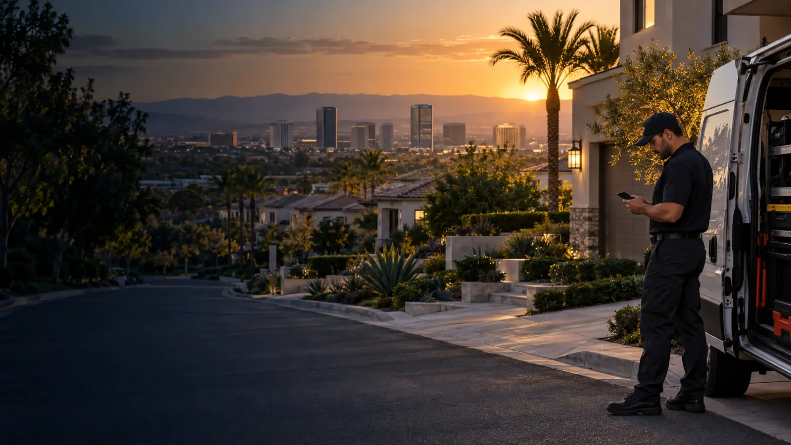 Home service contractor reviewing a phone beside a service van in an Anaheim neighborhood at sunset.